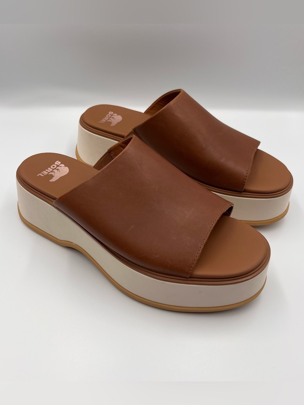 SOREL Dayspring Brown Leather Platform Slide Sandals Size 9